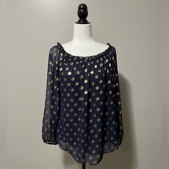 Joseph Ribkoff Midnight Blue Gold Dot Ruffle Collar Long Sleeve Top Style 181608 - Picture 4 of 10